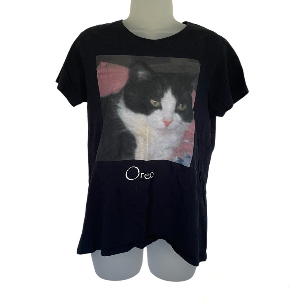 Black T-Shirt Short Sleeve Graphic Tee Cat Oreo L Kitty